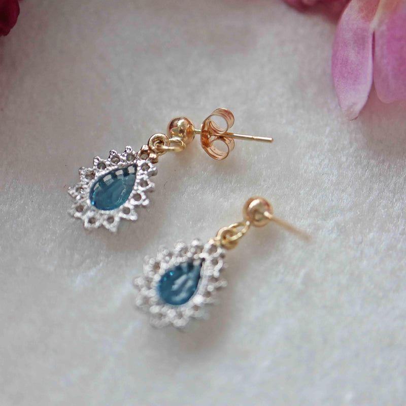 Ellibelle Jewellery London Blue Topaz & Diamond 9ct Gold Teardrop Cluster Earrings