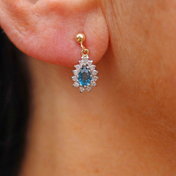 Ellibelle Jewellery London Blue Topaz & Diamond 9ct Gold Teardrop Cluster Earrings