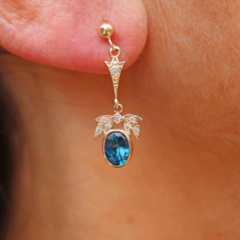 Ellibelle Jewellery London Blue Topaz & Diamond Gold Pendant Drop Earrings