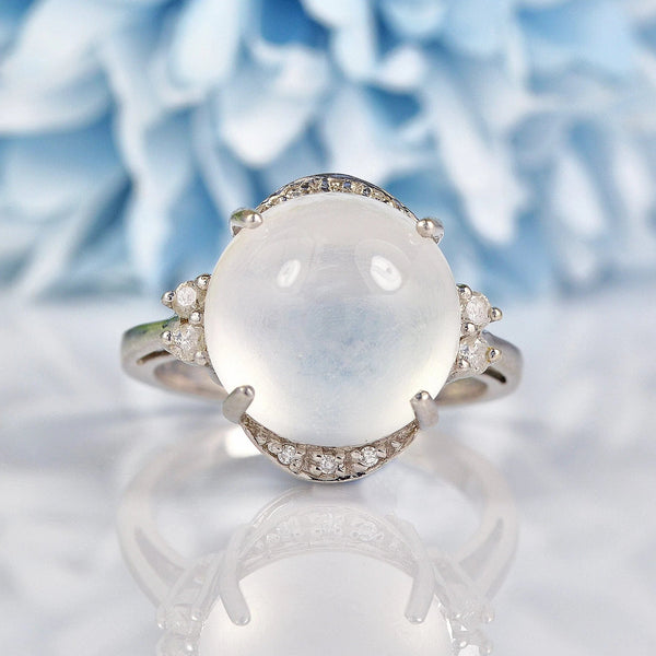 Ellibelle Jewellery Moonstone Cabochon & Diamond 9ct White Gold Dress Ring (9.46ct)