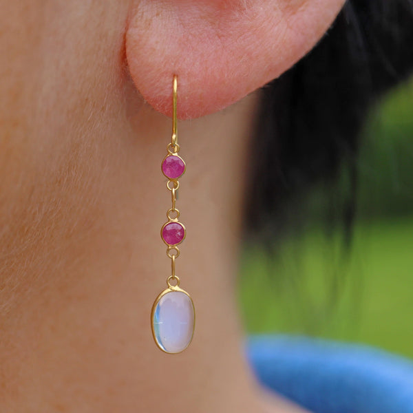 Ellibelle Jewellery Moonstone & Ruby Gold Drop Earrings