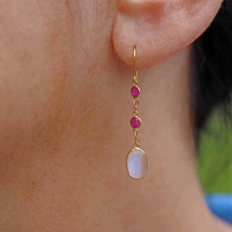 Ellibelle Jewellery Moonstone & Ruby Gold Drop Earrings