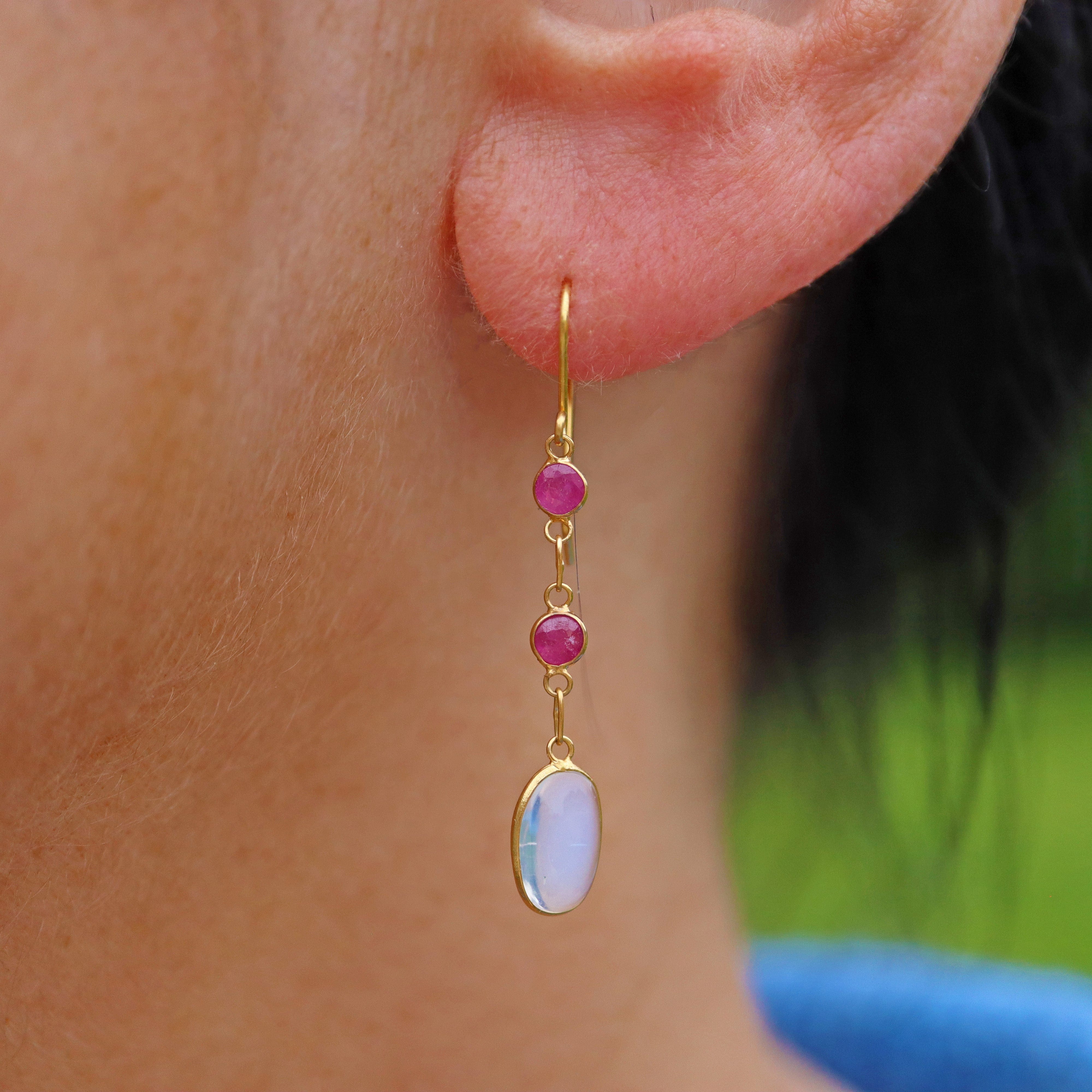 Ellibelle Jewellery Moonstone & Ruby Gold Drop Earrings