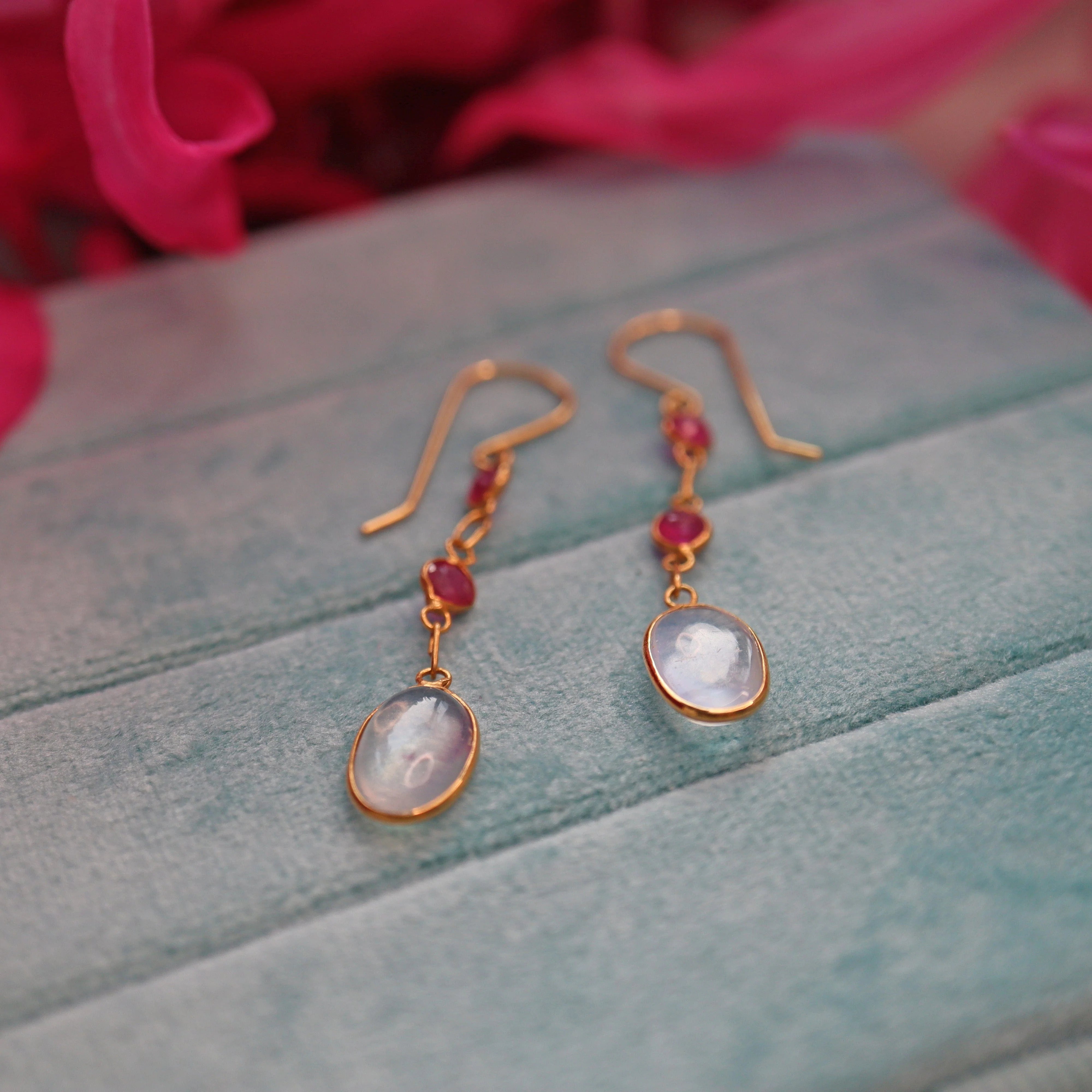 Ellibelle Jewellery Moonstone & Ruby Gold Drop Earrings