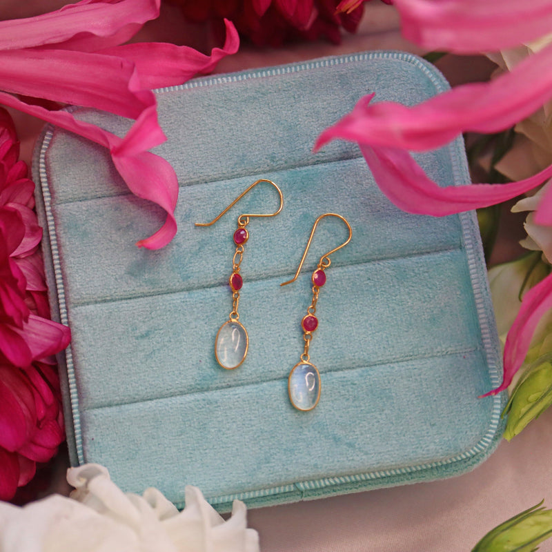 Ellibelle Jewellery Moonstone & Ruby Gold Drop Earrings