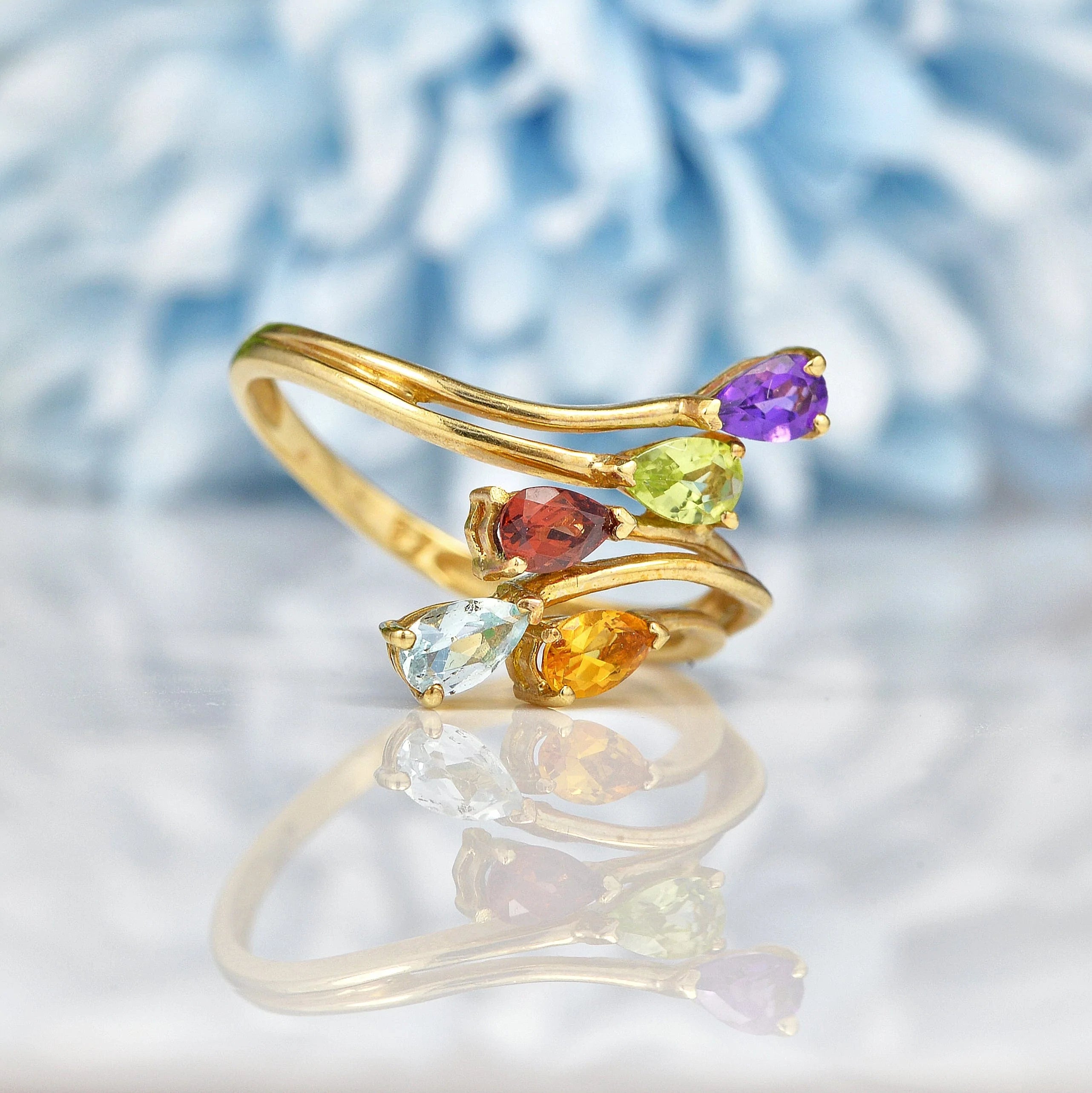 Ellibelle Jewellery Multi Gem Pear Shaped 9ct Gold Crossover Ring
