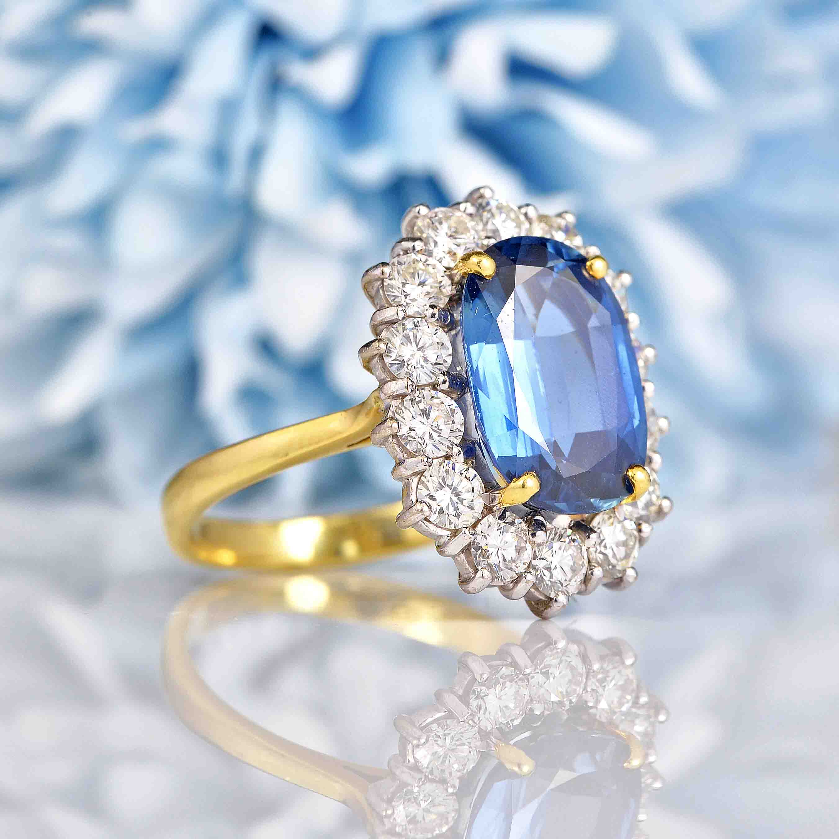 Ellibelle Jewellery Natural Blue Sapphire & Diamond 18ct Gold Oval Cluster Engagement Ring