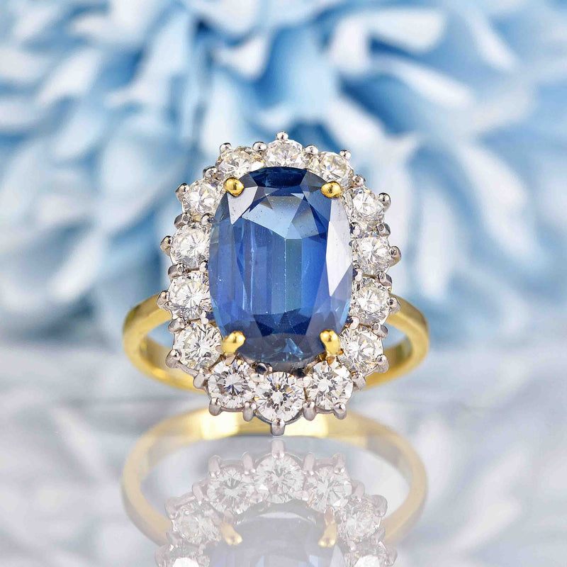 Ellibelle Jewellery Natural Blue Sapphire & Diamond 18ct Gold Oval Cluster Engagement Ring