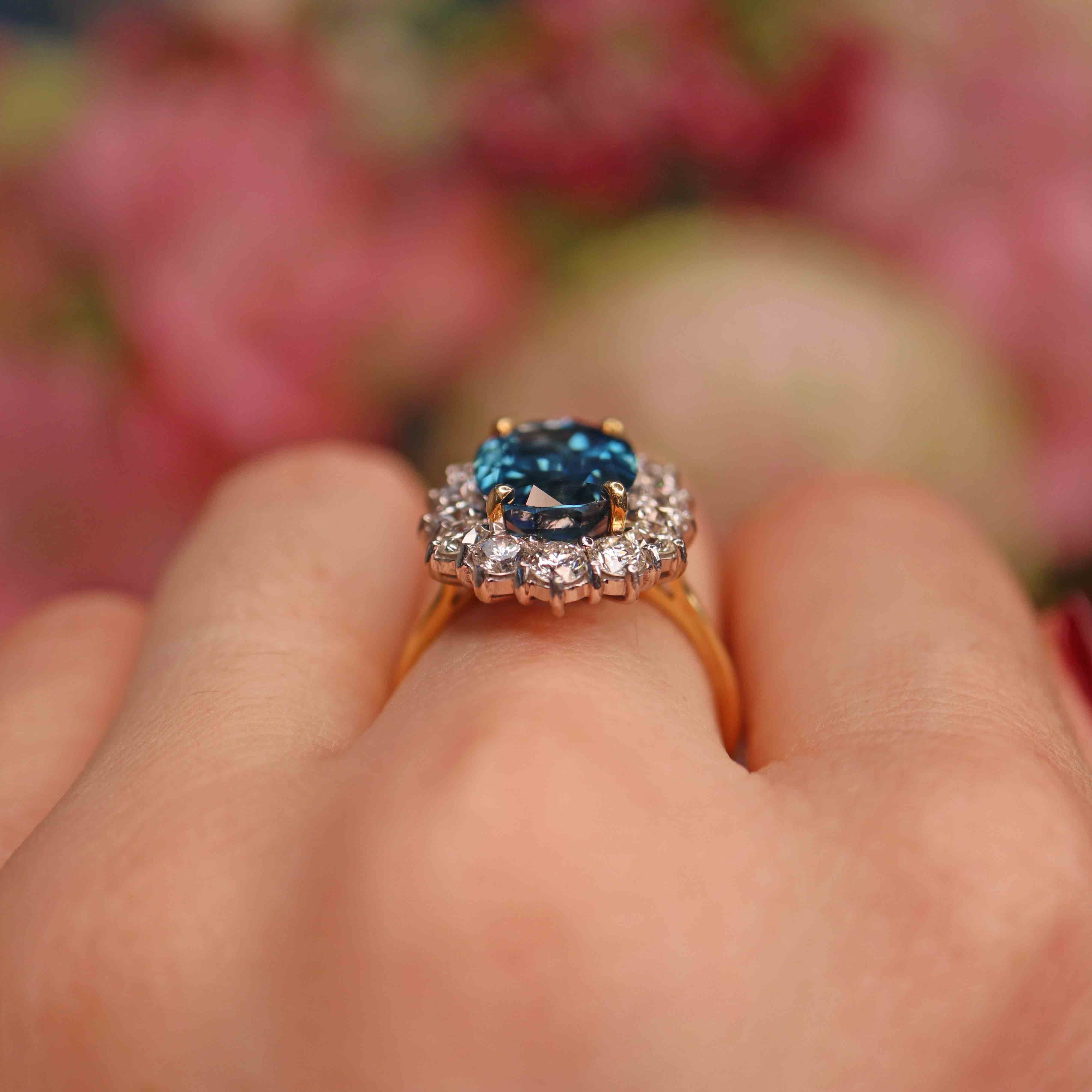 Ellibelle Jewellery Natural Blue Sapphire & Diamond 18ct Gold Oval Cluster Engagement Ring