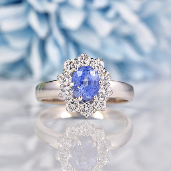 Ellibelle Jewellery Natural Ceylon Sapphire & Diamond 18ct White Gold Cluster Engagement Ring (1.20ct)