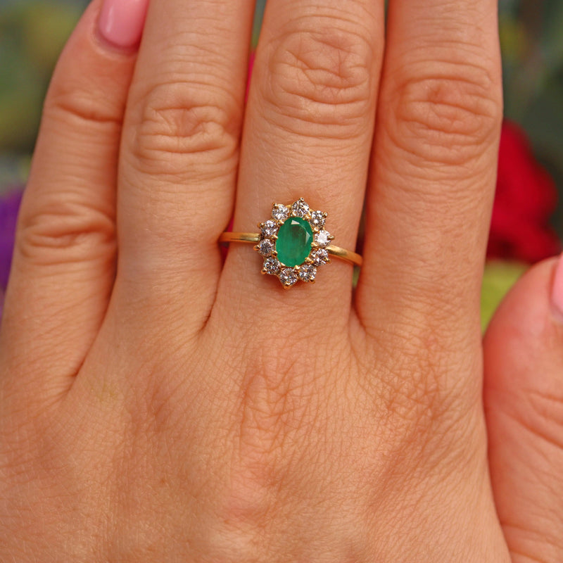 Ellibelle Jewellery Natural Emerald & Diamond Gold Oval Cluster Ring