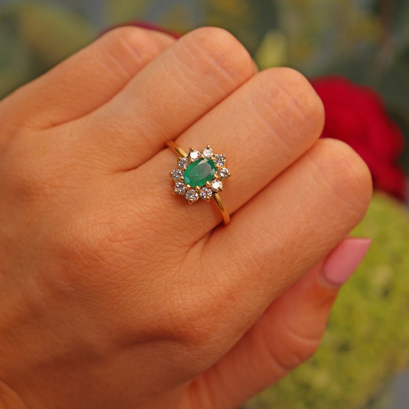 Ellibelle Jewellery Natural Emerald & Diamond Gold Oval Cluster Ring