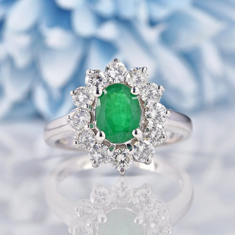 Ellibelle Jewellery Natural Emerald & Diamond White Gold Cluster Engagement Ring