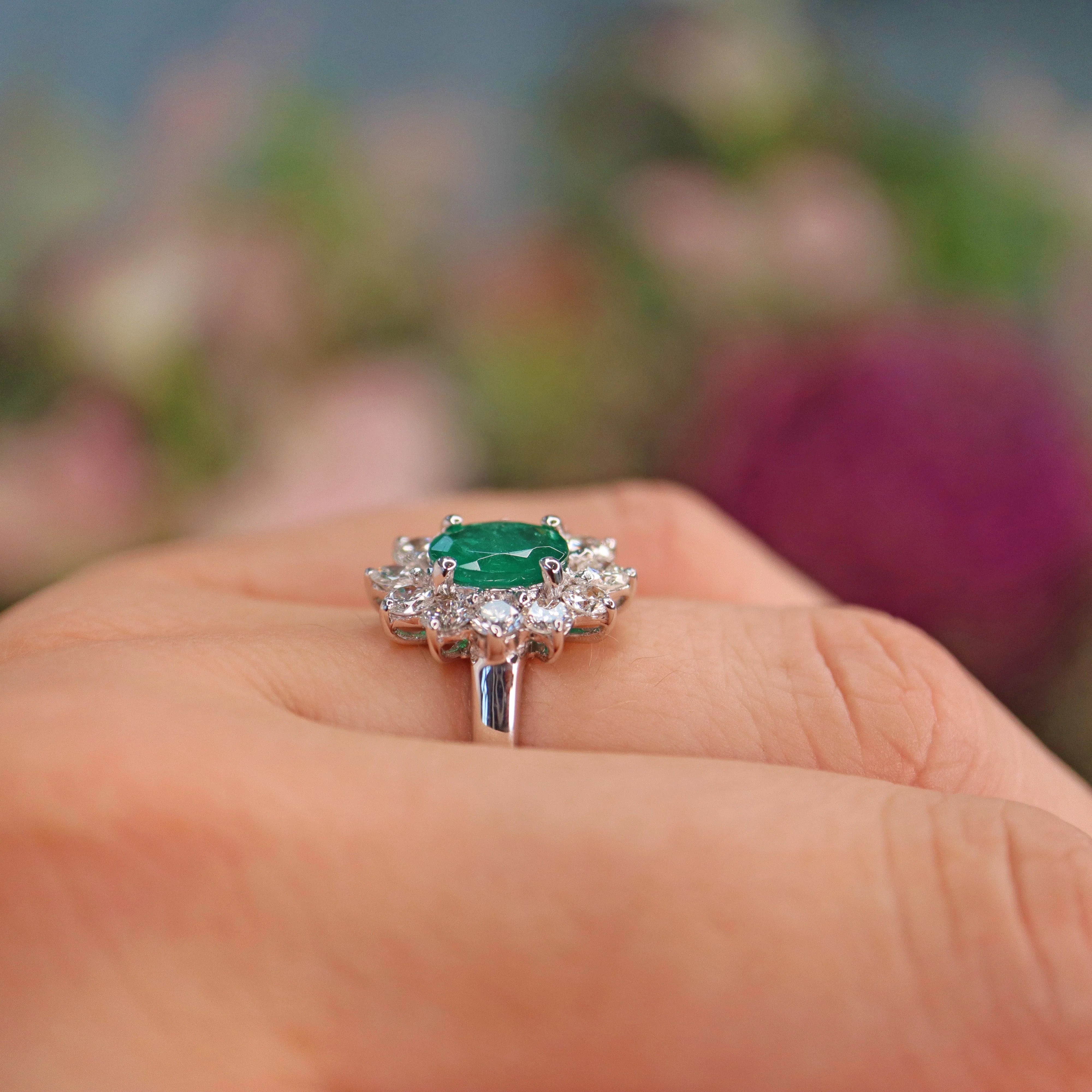 Ellibelle Jewellery Natural Emerald & Diamond White Gold Cluster Engagement Ring