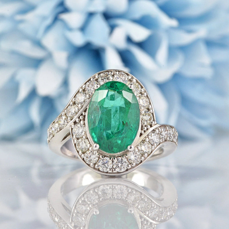 Ellibelle Jewellery Natural Emerald & Diamond White Gold Crossover Engagement Ring