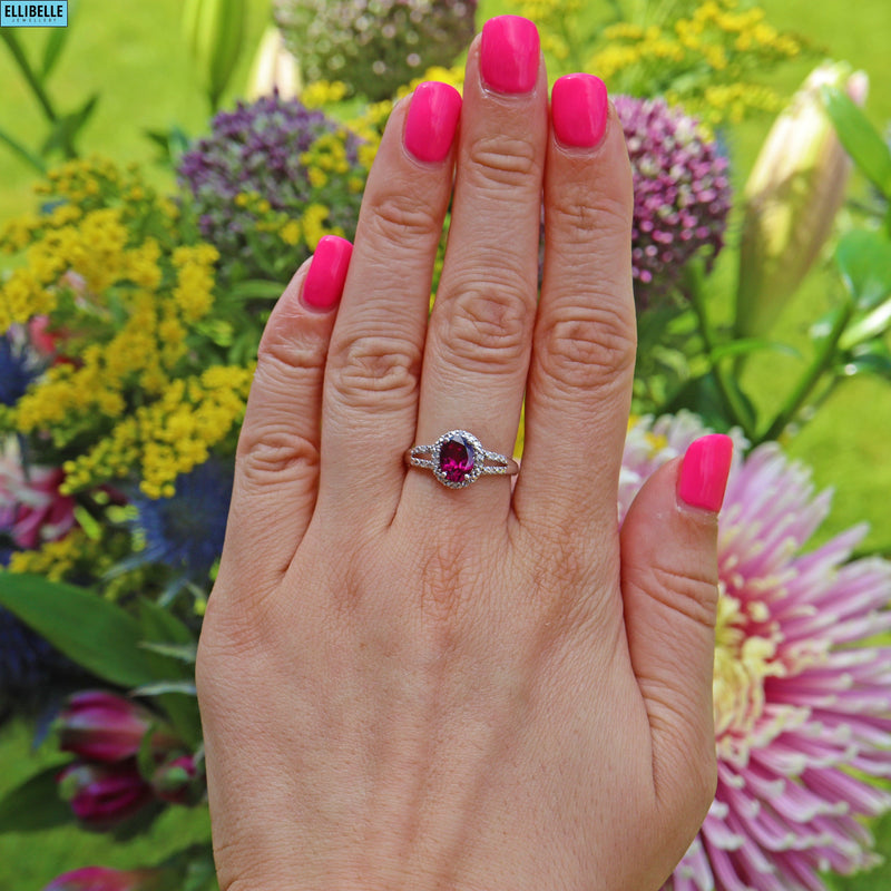 PURPLE GARNET & DIAMOND 9CT WHITE GOLD RING