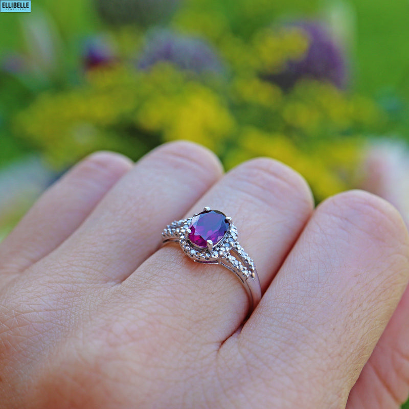 PURPLE GARNET & DIAMOND 9CT WHITE GOLD RING