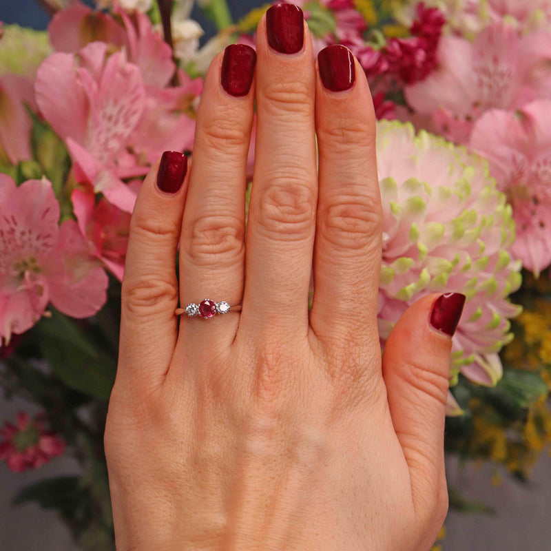 Ellibelle Jewellery Ruby & Diamond 18ct White Gold Three Stone Engagement Ring