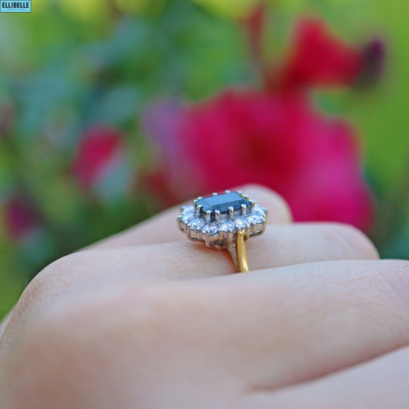 SAPPHIRE DIAMOND 18CT GOLD PLATINUM CLUSTER RING BY CROPP & FARR