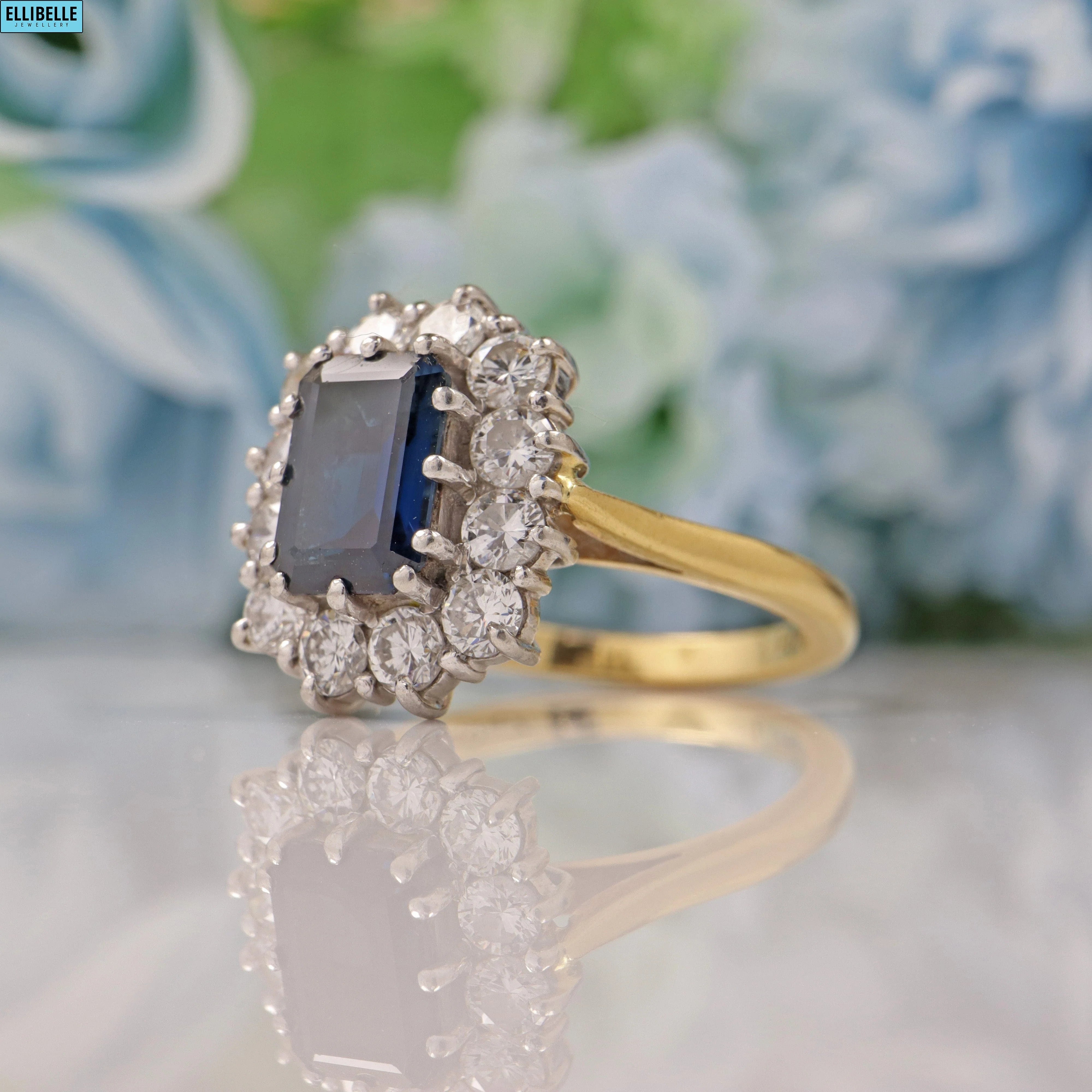SAPPHIRE DIAMOND 18CT GOLD PLATINUM CLUSTER RING BY CROPP & FARR