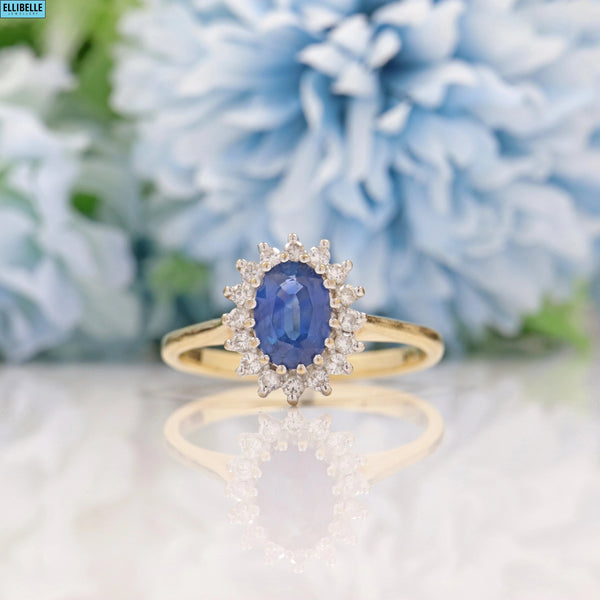 SAPPHIRE & DIAMOND 9CT GOLD HALO CLUSTER RING