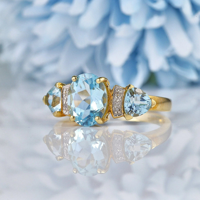 Ellibelle Jewellery Swiss Blue Topaz & Diamond 9ct Gold Trilogy Ring