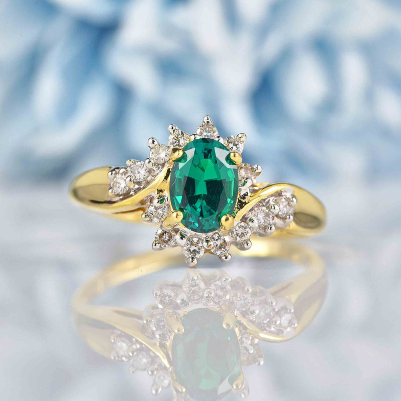 Ellibelle Jewellery Synthetic Emerald & Diamond 18ct Gold Crossover Ring