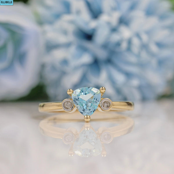 Ellibelle Jewellery TRILLION CUT AQUAMARINE & DIAMOND 9ct GOLD RING