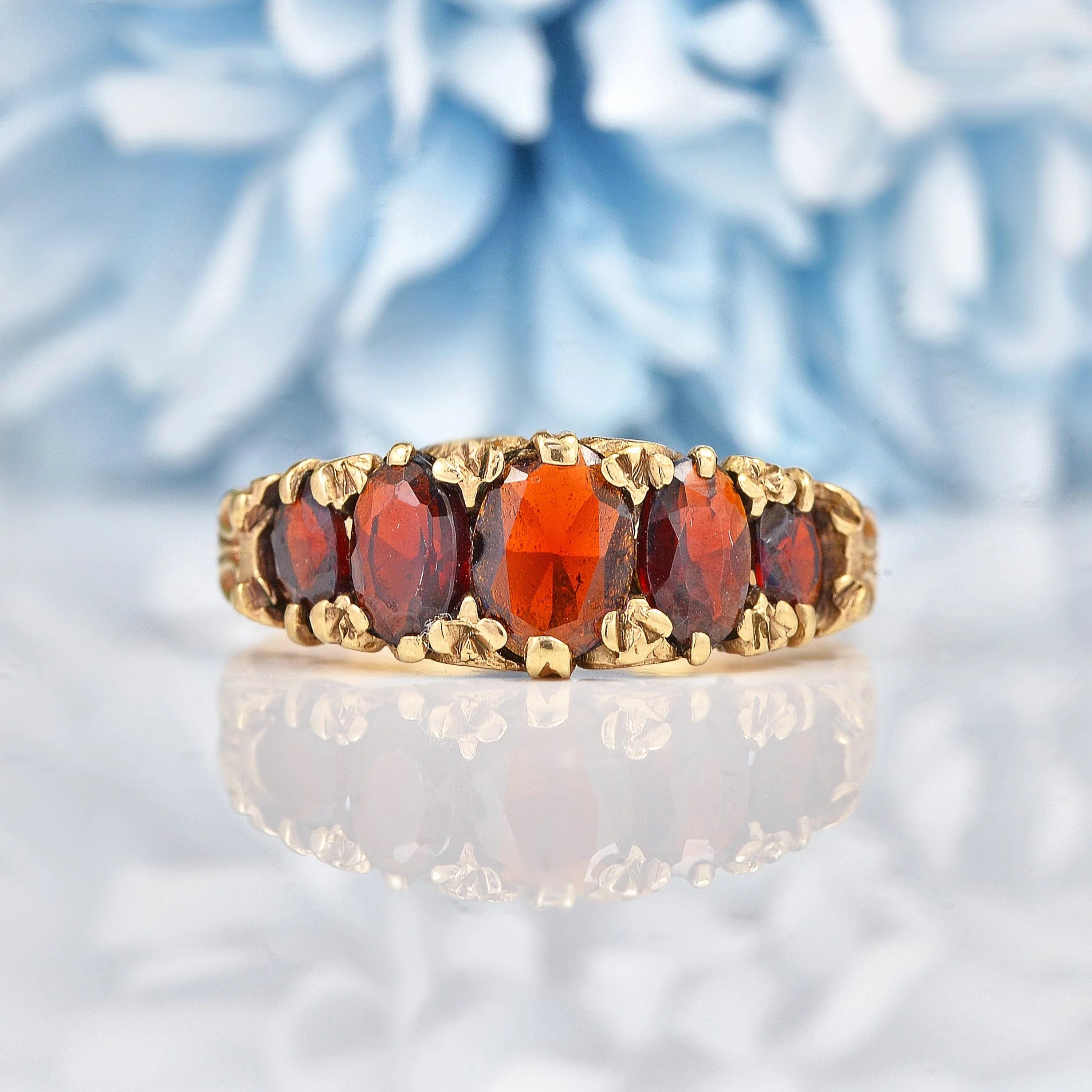 Ellibelle Jewellery Victorian Style Garnet 9ct Gold Five Stone Ring