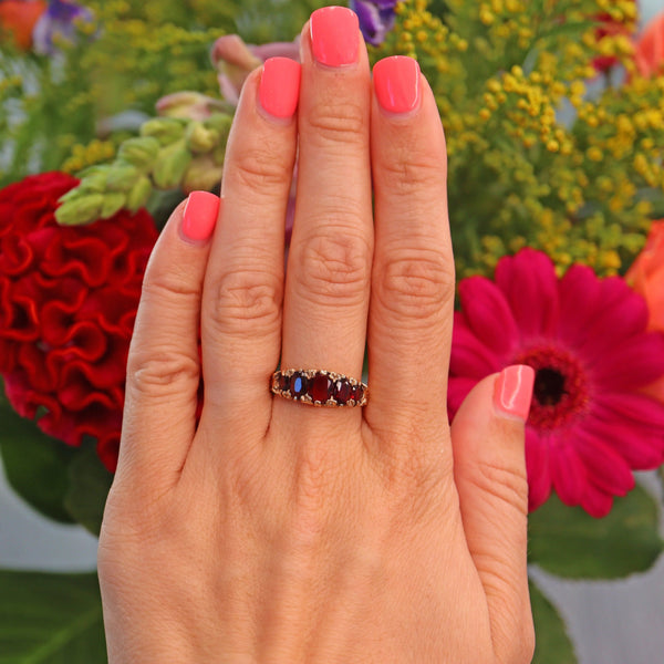 Ellibelle Jewellery Victorian Style Garnet 9ct Gold Five Stone Ring