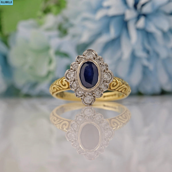 Ellibelle Jewellery VICTORIAN STYLE SAPPHIRE & DIAMOND 18CT GOLD CLUSTER RING