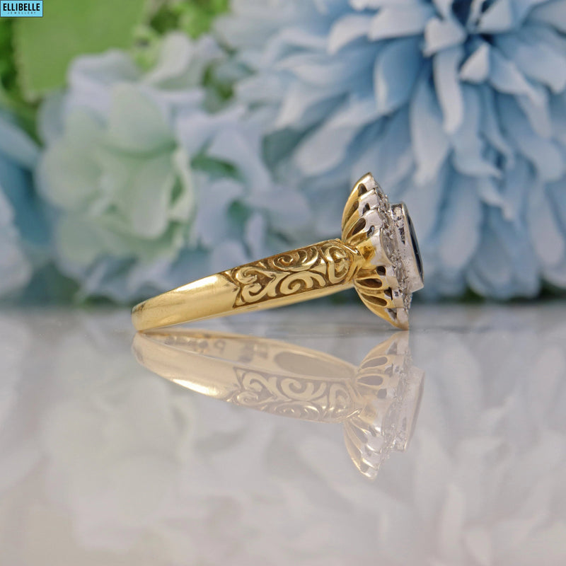 Ellibelle Jewellery VICTORIAN STYLE SAPPHIRE & DIAMOND 18CT GOLD CLUSTER RING