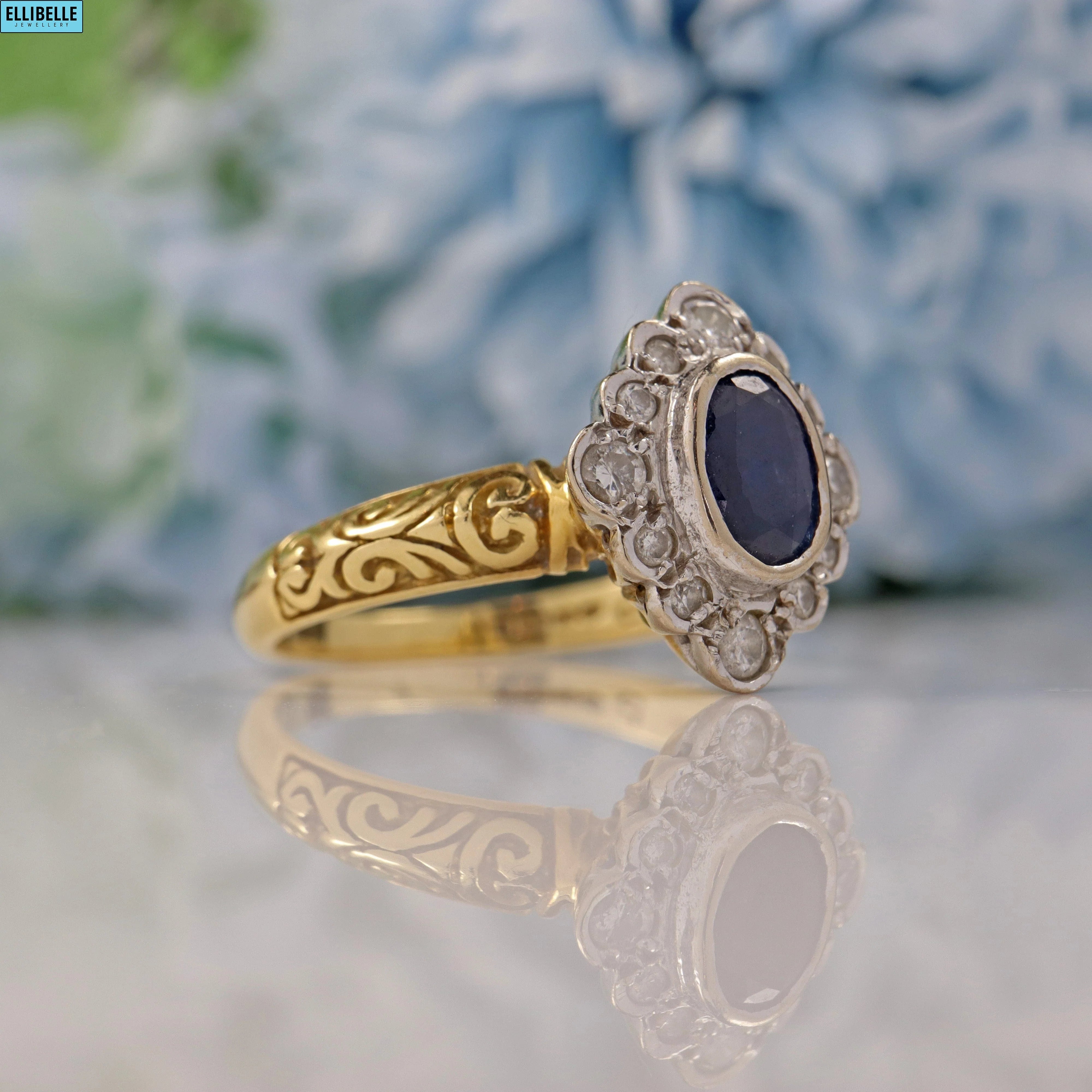 Ellibelle Jewellery VICTORIAN STYLE SAPPHIRE & DIAMOND 18CT GOLD CLUSTER RING