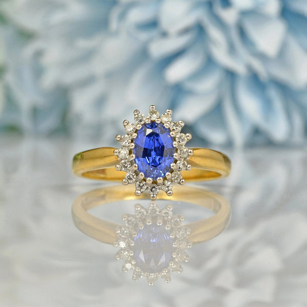 Ellibelle Jewellery VINTAGE 18CT GOLD SAPPHIRE & DIAMOND HALO RING