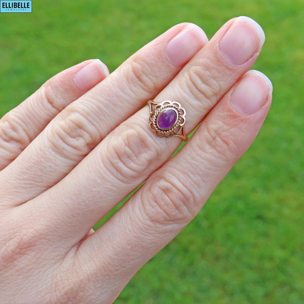 Vintage 1940s 9ct Gold Amethyst Cabochon Ring - London 1948