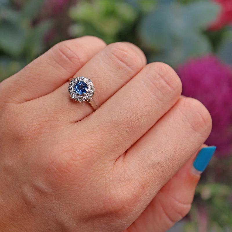Ellibelle Jewellery Vintage 1940s Natural Sapphire & Diamond Cluster Ring