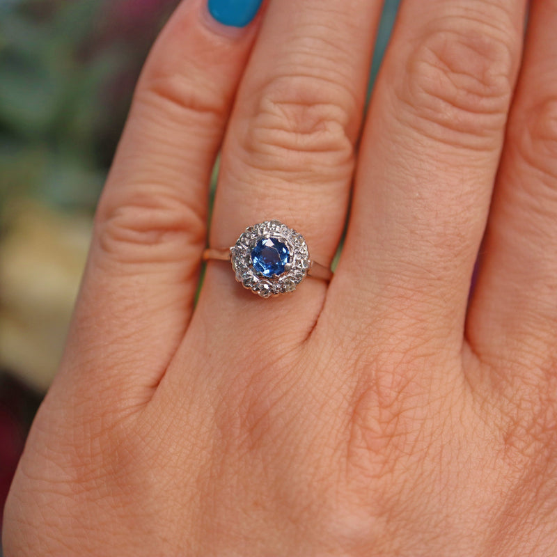 Ellibelle Jewellery Vintage 1940s Natural Sapphire & Diamond Cluster Ring