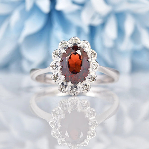 Ellibelle Jewellery Vintage 1950s Garnet & Diamond White Gold Cluster Ring