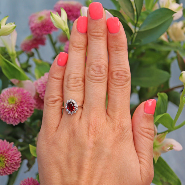 Ellibelle Jewellery Vintage 1950s Garnet & Diamond White Gold Cluster Ring