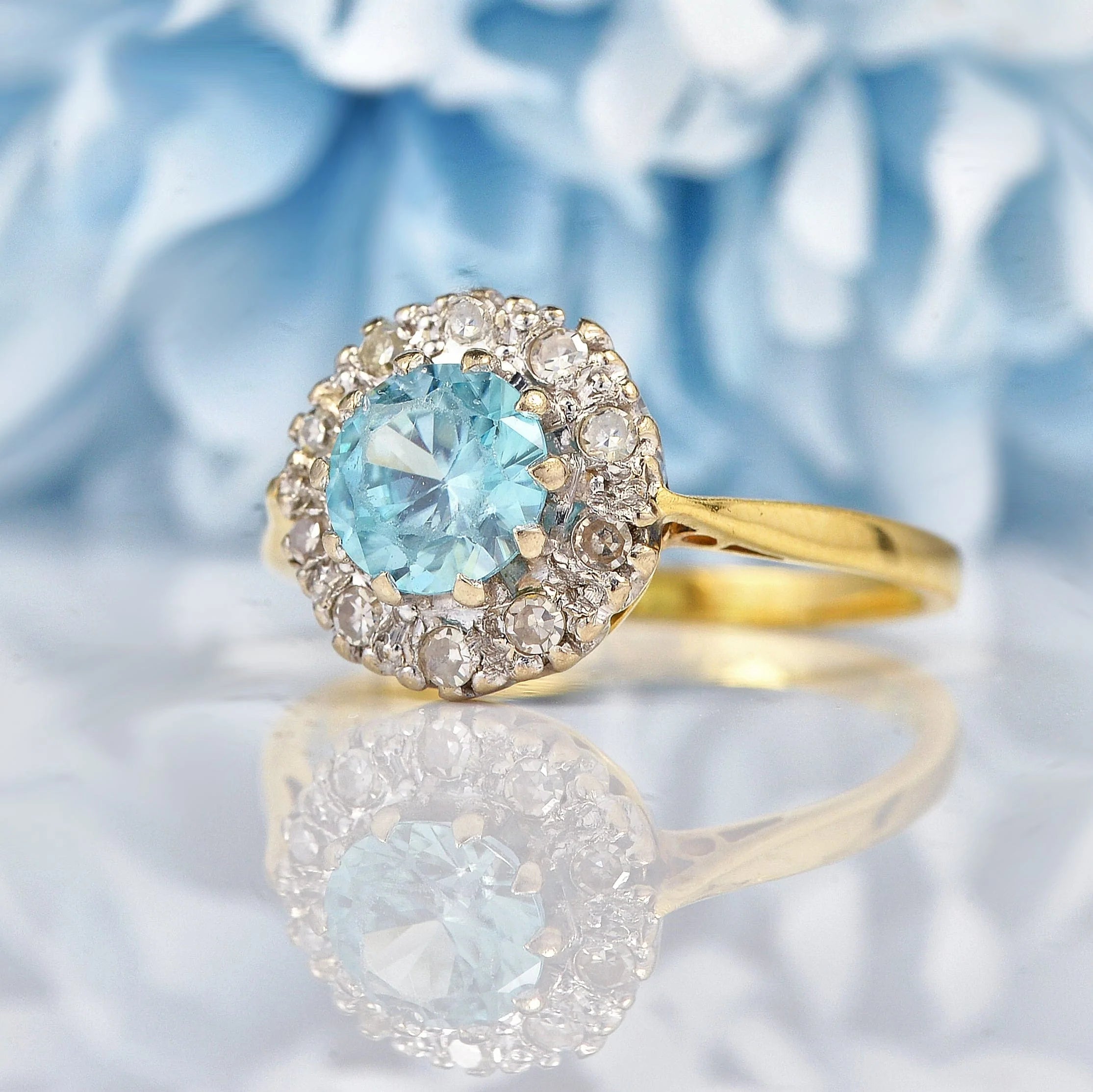Ellibelle Jewellery Vintage 1960s Blue Zircon & Diamond 18ct Gold Cluster Ring