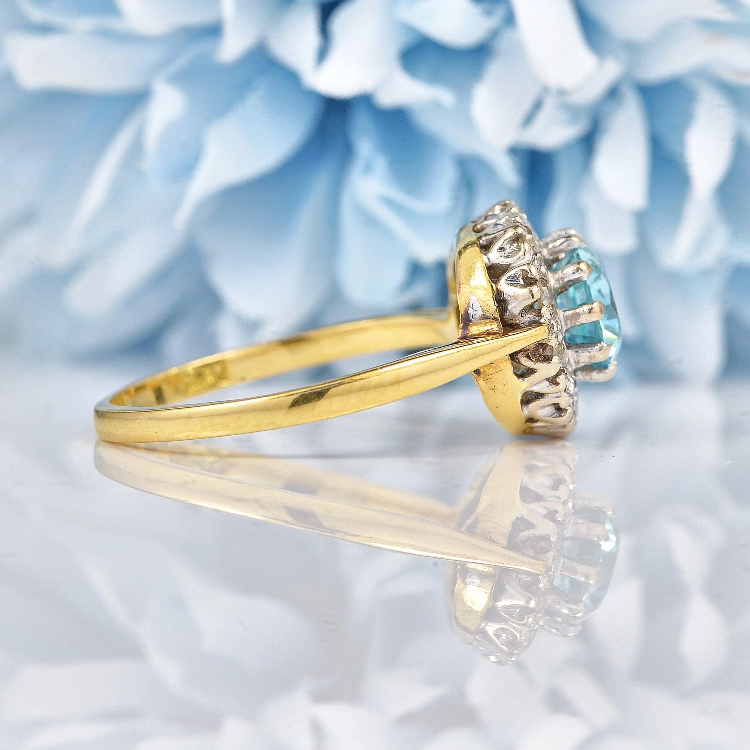 Ellibelle Jewellery Vintage 1960s Blue Zircon & Diamond 18ct Gold Cluster Ring