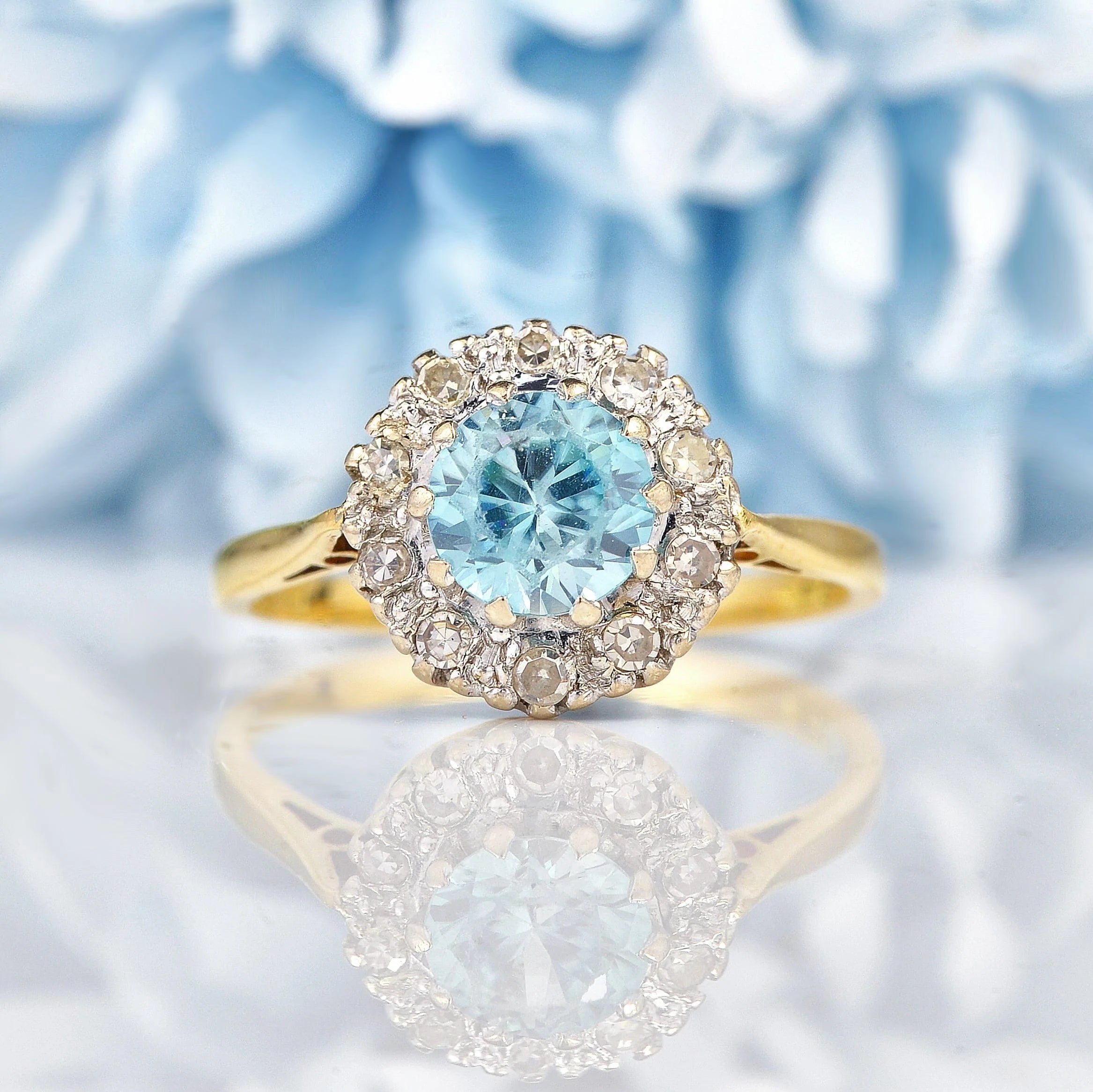 Ellibelle Jewellery Vintage 1960s Blue Zircon & Diamond 18ct Gold Cluster Ring