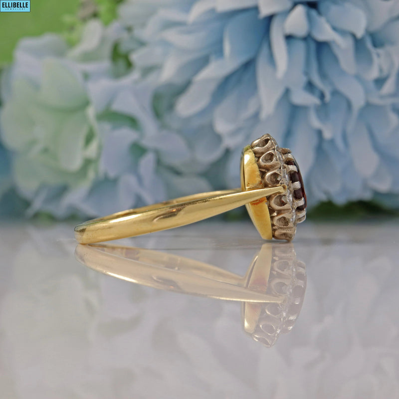 Ellibelle Jewellery VINTAGE 1960S GARNET & DIAMOND 18CT GOLD CLUSTER RING