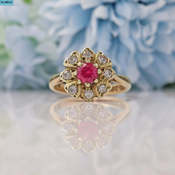 Ellibelle Jewellery VINTAGE 1960S PINK SAPPHIRE 9CT GOLD CLOVER CLUSTER RING