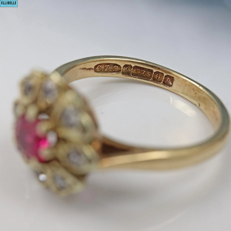 Ellibelle Jewellery VINTAGE 1960S PINK SAPPHIRE 9CT GOLD CLOVER CLUSTER RING