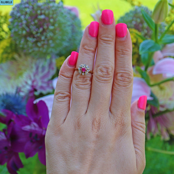 Ellibelle Jewellery VINTAGE 1960S PINK SAPPHIRE 9CT GOLD CLOVER CLUSTER RING