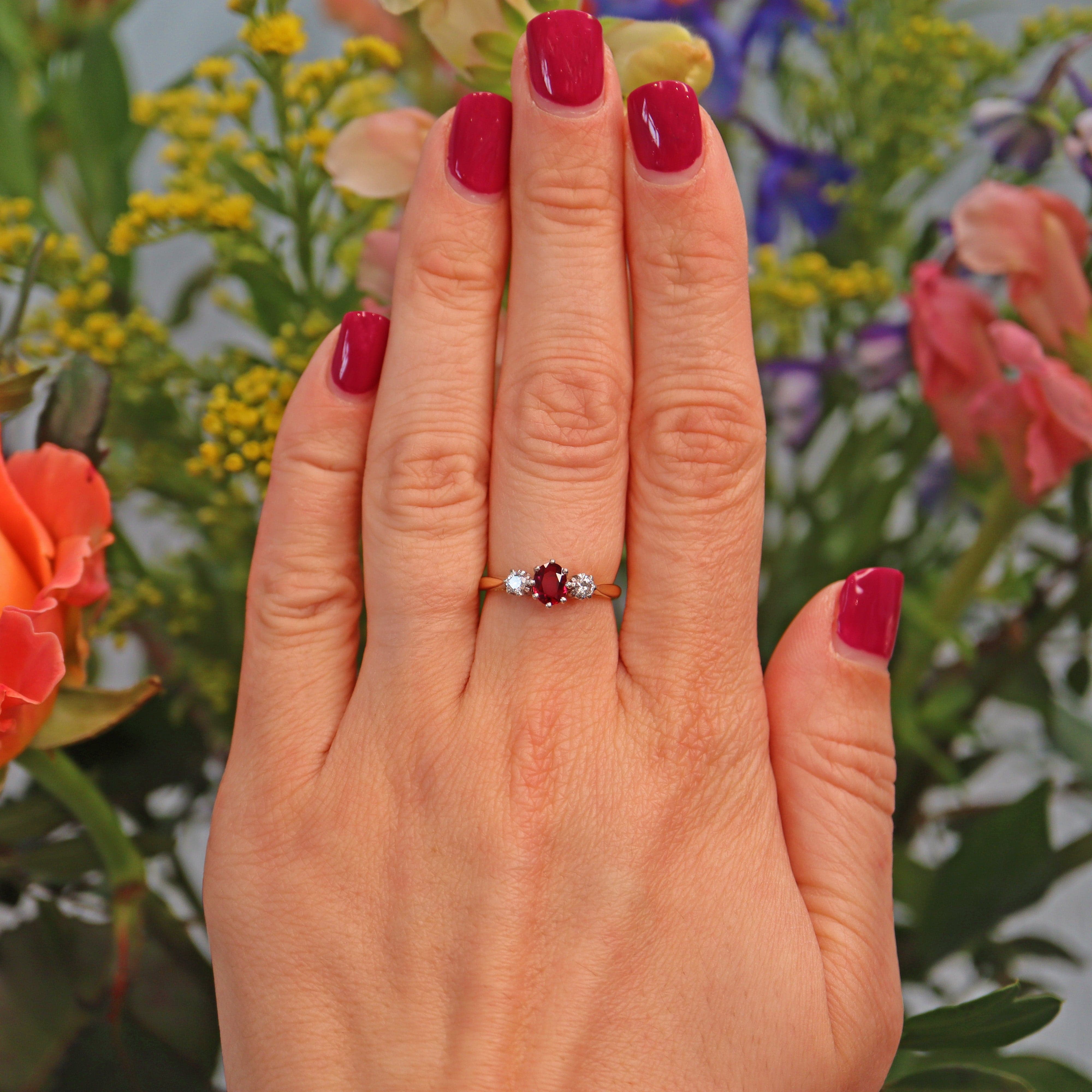 Vintage 1960s Ruby Diamond 18ct Gold Three Stone Ring