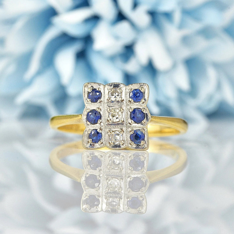 Ellibelle Jewellery Vintage 1960s Sapphire & Diamond 18ct Gold Chequerboard Ring