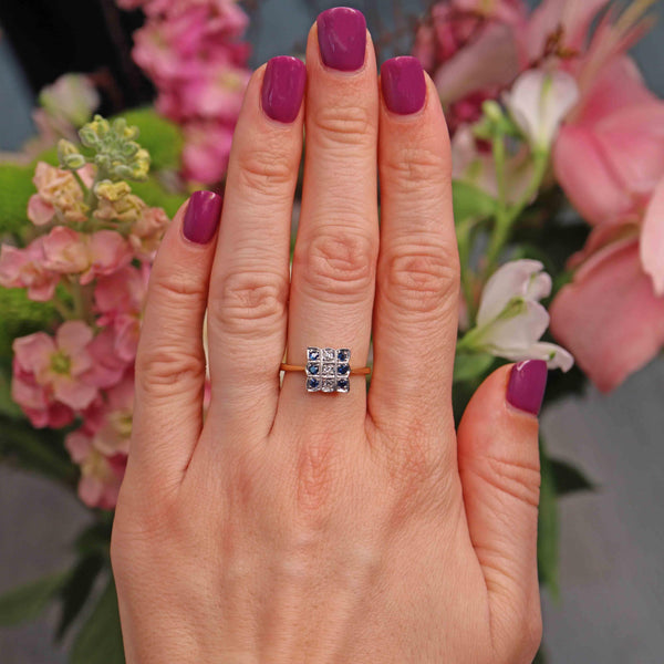 Ellibelle Jewellery Vintage 1960s Sapphire & Diamond 18ct Gold Chequerboard Ring