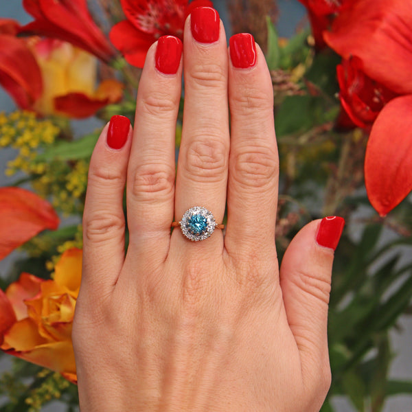 Ellibelle Jewellery Vintage 1964 Blue Zircon & Diamond 18ct Gold Cluster Ring